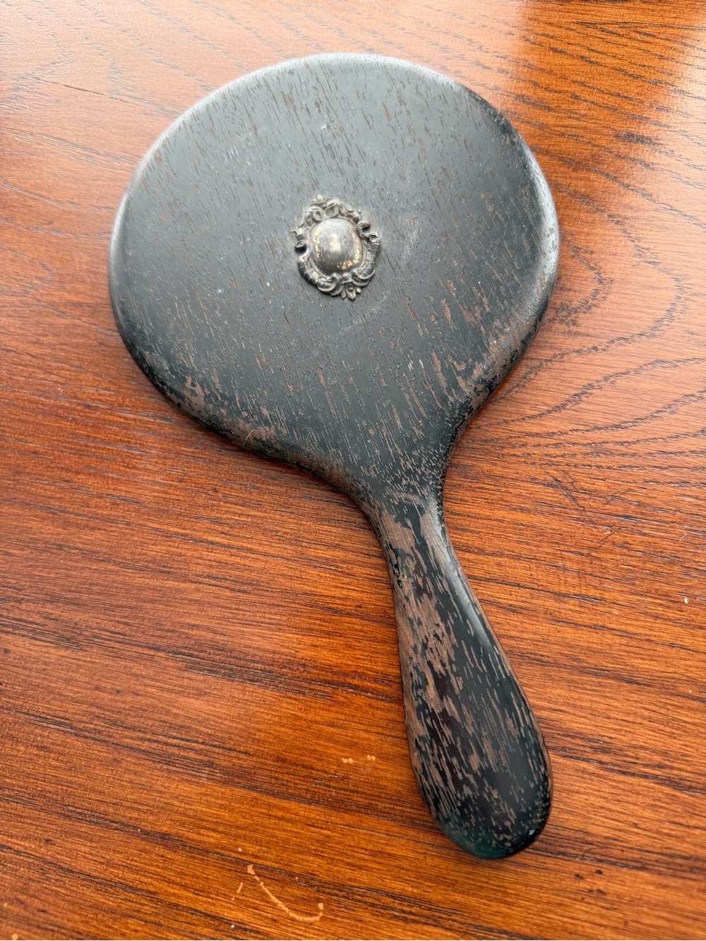 Antique Ebony Wood Beveled Glass Vanity Hand Mirror